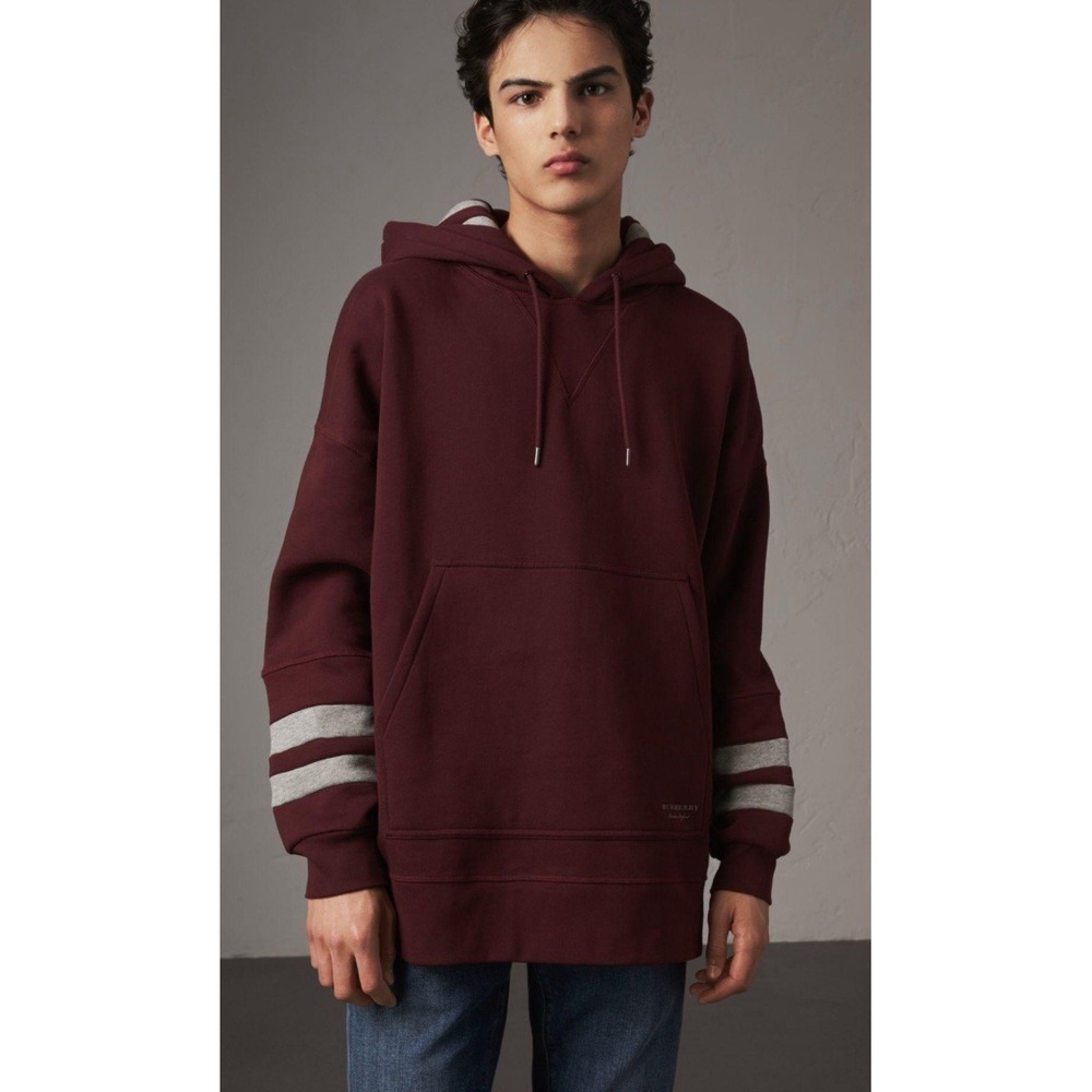 Burberry London England Wine / Grey Striped Pullover Hoodie NWT Size Med